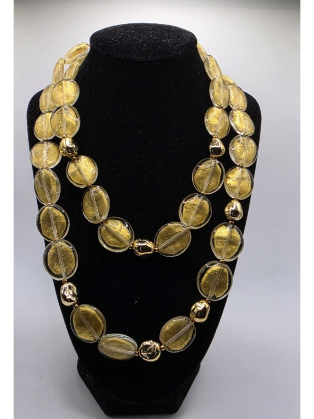Kenneth Jay Lane Gold Foil Glass Bead Triple Strand Statement Necklace
